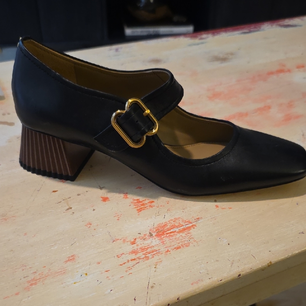 Sam Edelman Black Mary Jane Heels with Gold Buckle - Picture 2 of 9